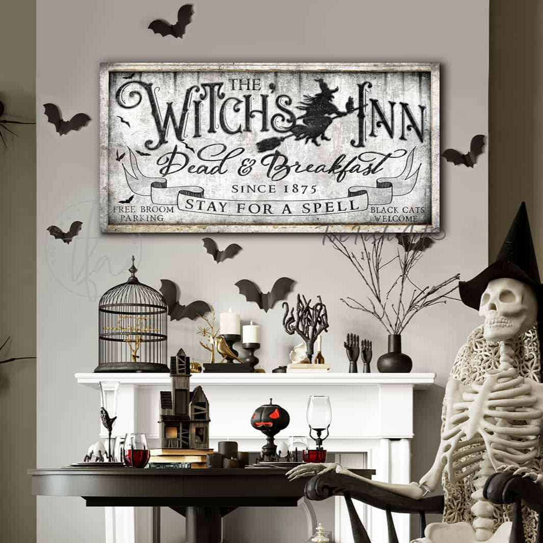 Toe Fish Art The Witch's Inn Dead & Breakfast Halloween Home Decor Canvas or Outdoor Metal Sign handmade by ToeFishArt. Original, custom, personalized wall decor signs. Canvas, Wood or Metal. Rustic modern farmhouse, cottagecore, vintage, retro, industrial, Americana, primitive, country, coastal, minimalist.