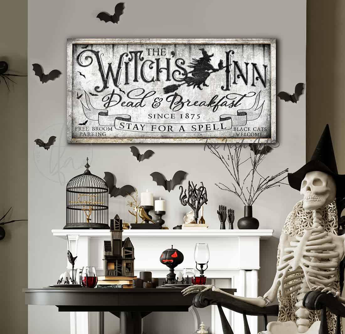 Toe Fish Art The Witch's Inn Dead & Breakfast Halloween Home Decor Canvas or Outdoor Metal Sign handmade by ToeFishArt. Original, custom, personalized wall decor signs. Canvas, Wood or Metal. Rustic modern farmhouse, cottagecore, vintage, retro, industrial, Americana, primitive, country, coastal, minimalist.
