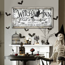 Toe Fish Art The Witch's Inn Dead & Breakfast Halloween Home Decor Canvas or Outdoor Metal Sign handmade by ToeFishArt. Original, custom, personalized wall decor signs. Canvas, Wood or Metal. Rustic modern farmhouse, cottagecore, vintage, retro, industrial, Americana, primitive, country, coastal, minimalist.