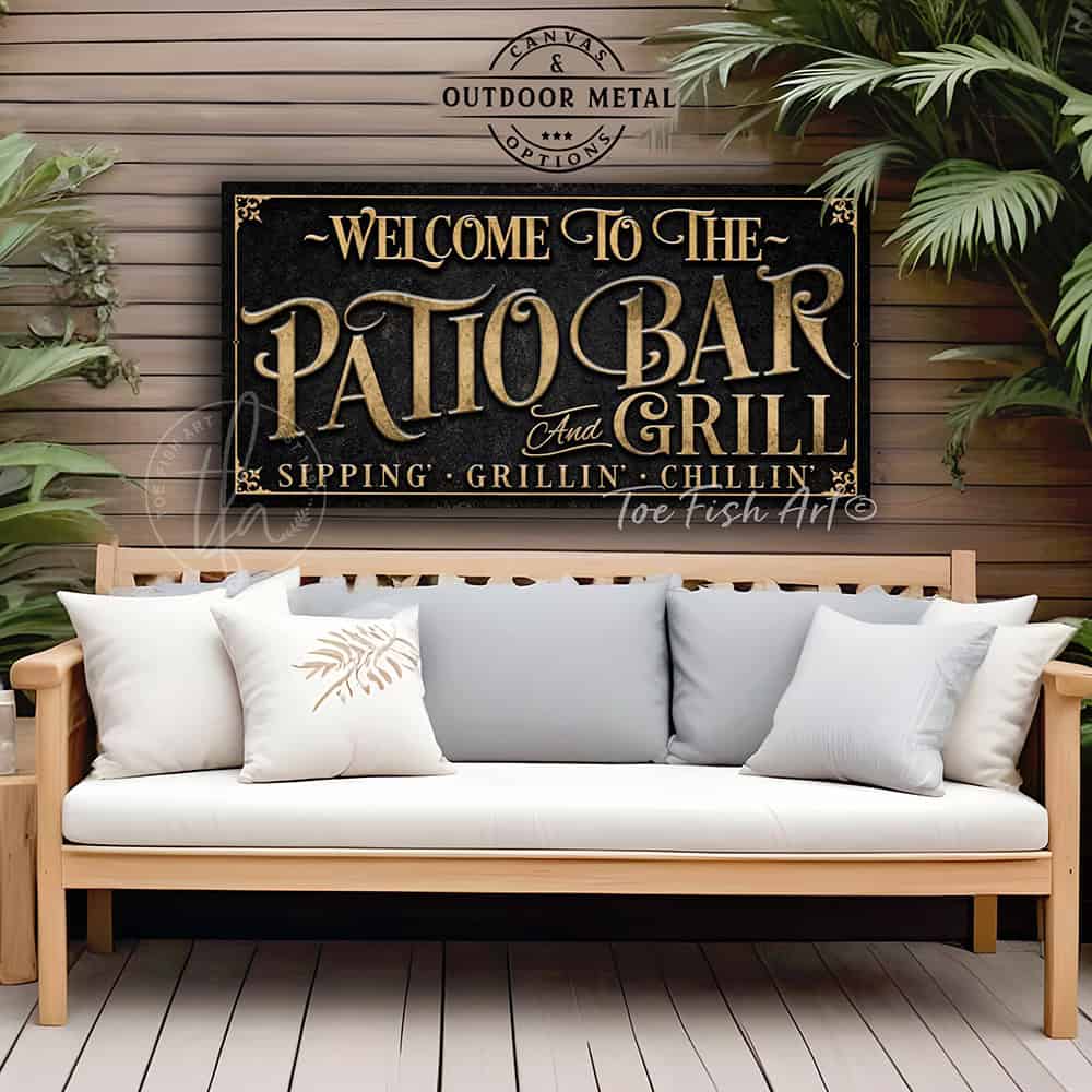 Personalized Welcome to the Patio Bar and Grill custom outdoor sign by Toe Fish Art, handmade in the USA in waterproof metal or framed canvas, vintage black and rustic gold, personalizable name, fun sayings like Sipping-Grilling-Chilling or your own custom text. Charming outdoor kitchen, bar, lounge, patio, lanai, porch, or pool deck spa decor. Ideal for upgrading your outdoor summer vibe. Built to last with genuine craftsmanship, this authentic sign adds classic charm and heritage quality to any space.