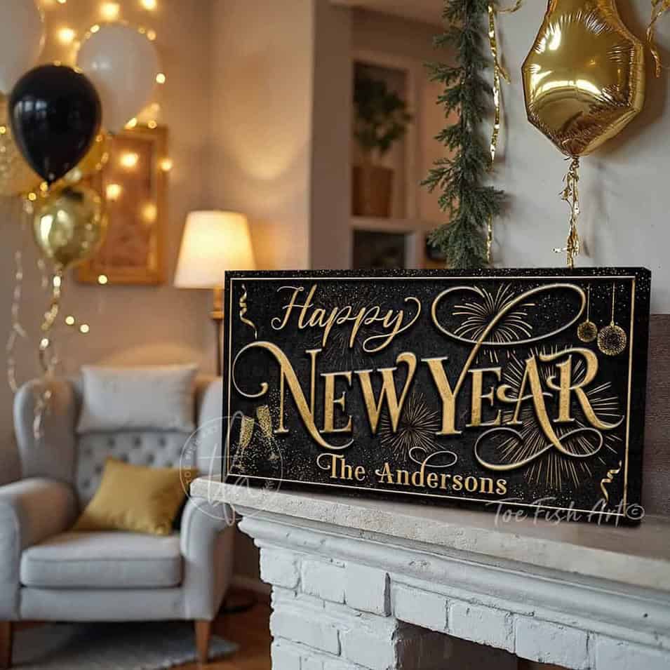 This personalized Happy New Year decoration sign by Toe Fish Art evokes the opulence of 1920s Paris, blending gold elegance with sleek black sophistication. Available in framed canvas or weather-resistant outdoor metal, perfect for any setting—from intimate home displays to outdoor entertaining. Customize this sign to reflect your personal style or celebration theme. Transform your space into a venue worthy of champagne toasts and cherished moments.