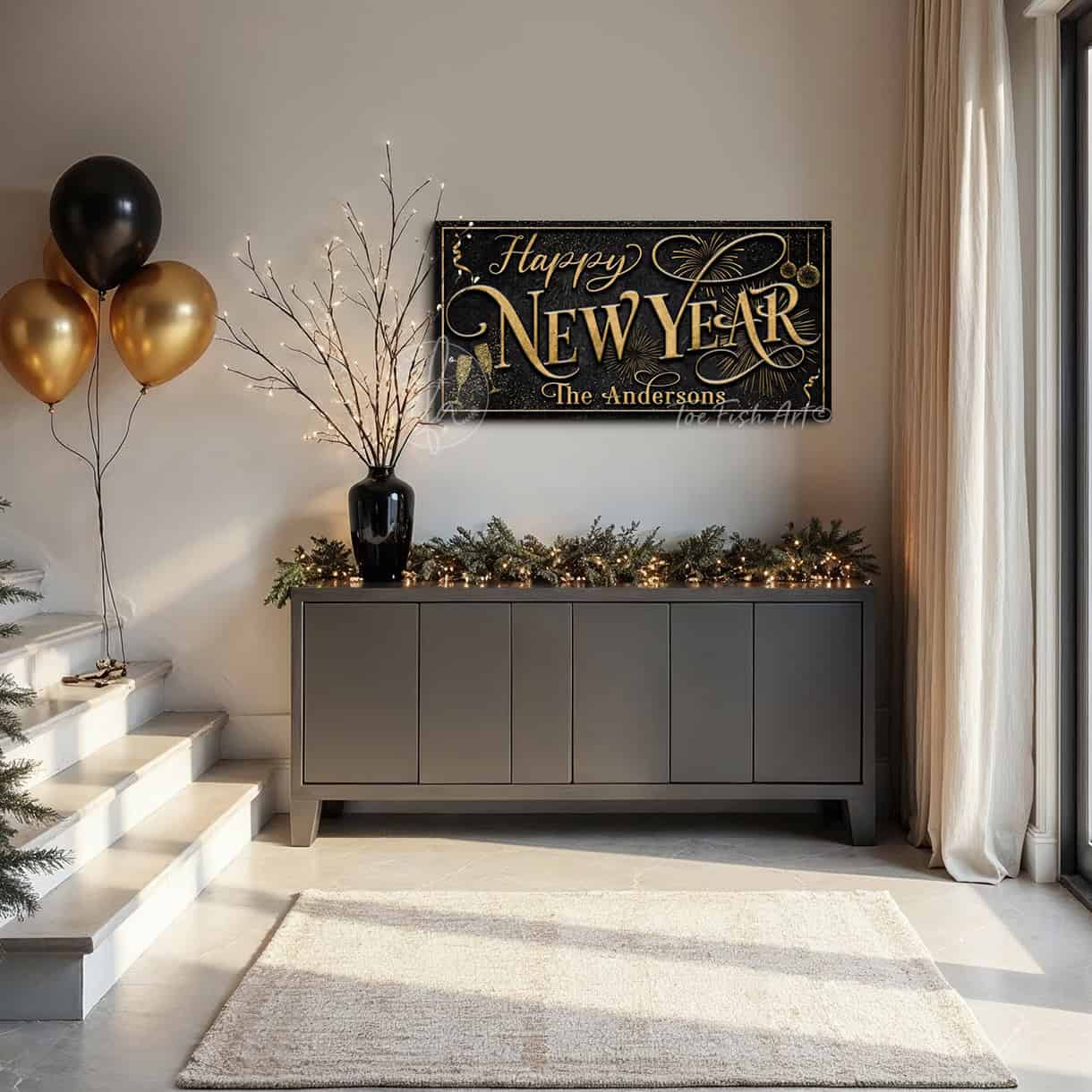 This personalized Happy New Year decoration sign by Toe Fish Art evokes the opulence of 1920s Paris, blending gold elegance with sleek black sophistication. Available in framed canvas or weather-resistant outdoor metal, perfect for any setting—from intimate home displays to outdoor entertaining. Customize this sign to reflect your personal style or celebration theme. Transform your space into a venue worthy of champagne toasts and cherished moments.