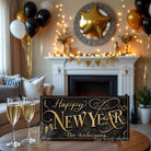 This personalized Happy New Year decoration sign by Toe Fish Art evokes the opulence of 1920s Paris, blending gold elegance with sleek black sophistication. Available in framed canvas or weather-resistant outdoor metal, perfect for any setting—from intimate home displays to outdoor entertaining. Customize this sign to reflect your personal style or celebration theme. Transform your space into a venue worthy of champagne toasts and cherished moments.