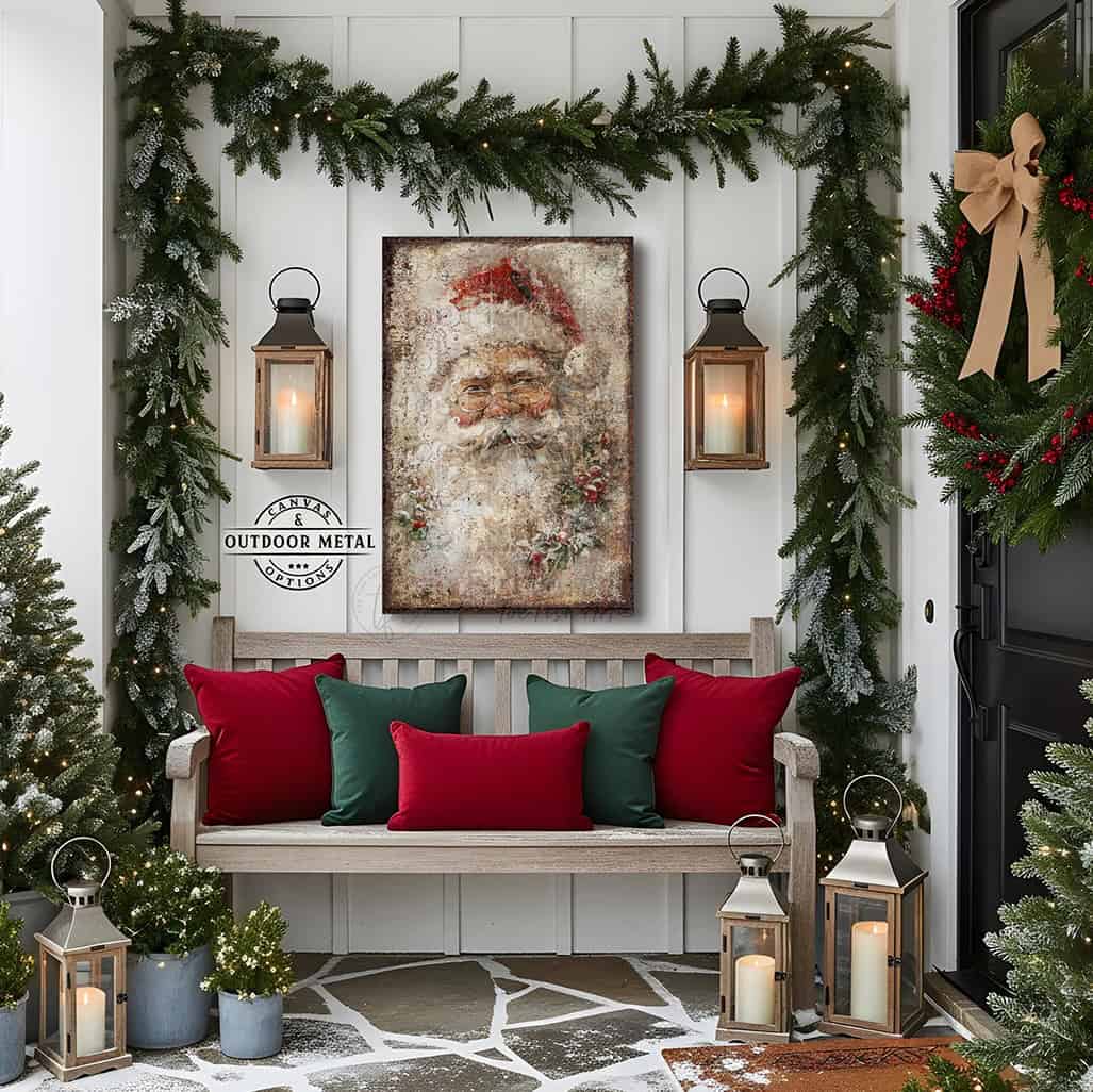 Elevate your holiday décor with this distinguished Vintage Santa Claus Face Wall Art by Toe Fish Art, a refined interpretation of timeless seasonal elegance. This sophisticated decoration showcases a meticulously rendered portrait of Saint Nicholas in authentic rustic antique style, artfully adorned with holly and mistletoe details. Available in durable canvas or outdoor metal, this artwork is an eye-catching focal point in any room—whether displayed indoors, on a covered porch, or in any outdoor setting.