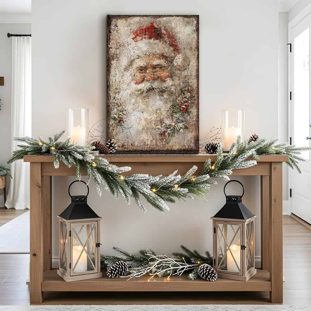 Elevate your holiday décor with this distinguished Vintage Santa Claus Face Wall Art by Toe Fish Art, a refined interpretation of timeless seasonal elegance. This sophisticated decoration showcases a meticulously rendered portrait of Saint Nicholas in authentic rustic antique style, artfully adorned with holly and mistletoe details. Available in durable canvas or outdoor metal, this artwork is an eye-catching focal point in any room—whether displayed indoors, on a covered porch, or in any outdoor setting.