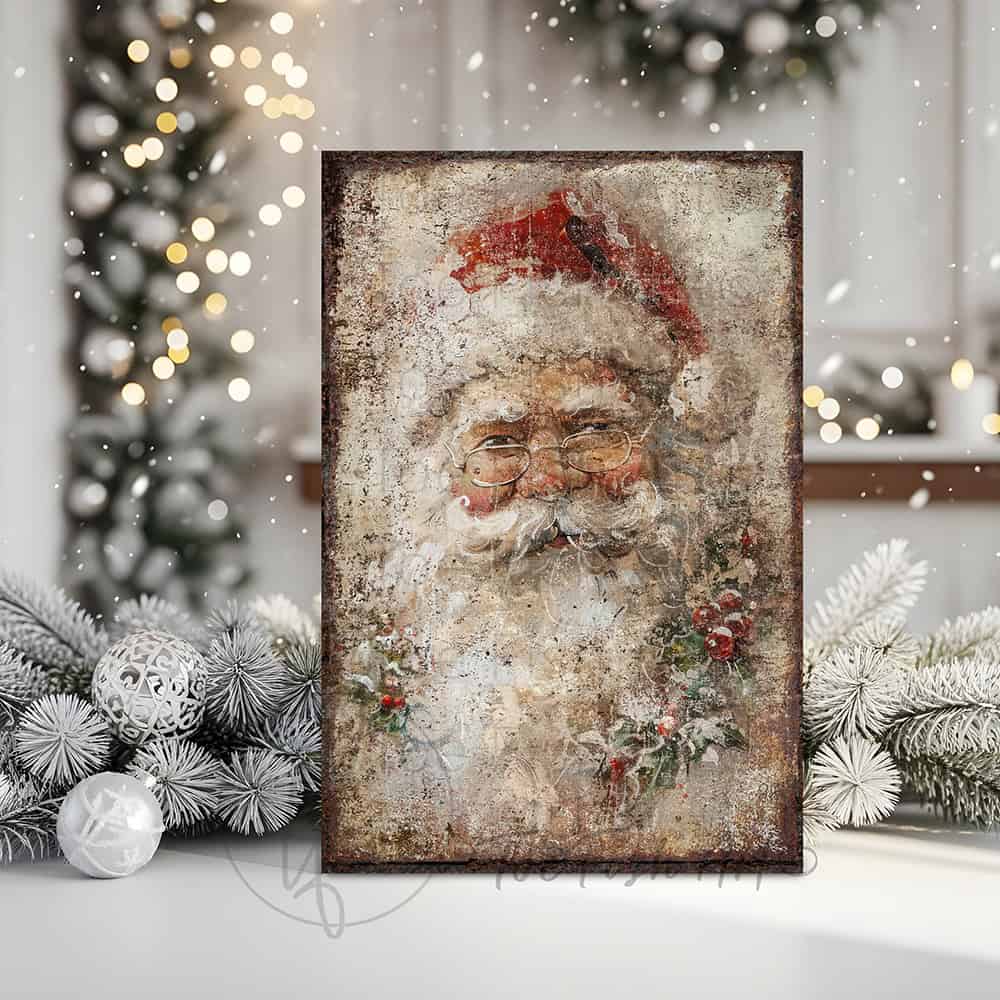 Elevate your holiday décor with this distinguished Vintage Santa Claus Face Wall Art by Toe Fish Art, a refined interpretation of timeless seasonal elegance. This sophisticated decoration showcases a meticulously rendered portrait of Saint Nicholas in authentic rustic antique style, artfully adorned with holly and mistletoe details. Available in durable canvas or outdoor metal, this artwork is an eye-catching focal point in any room—whether displayed indoors, on a covered porch, or in any outdoor setting.