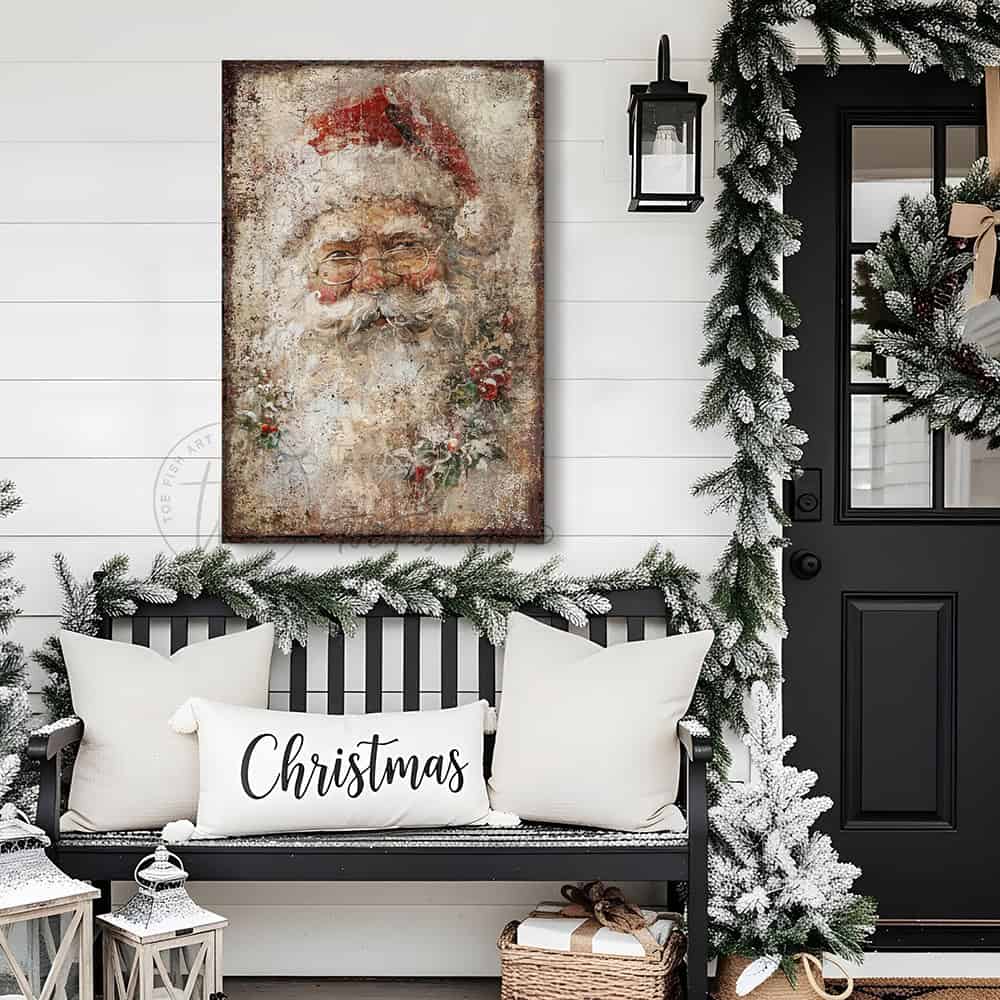 Elevate your holiday décor with this distinguished Vintage Santa Claus Face Wall Art by Toe Fish Art, a refined interpretation of timeless seasonal elegance. This sophisticated decoration showcases a meticulously rendered portrait of Saint Nicholas in authentic rustic antique style, artfully adorned with holly and mistletoe details. Available in durable canvas or outdoor metal, this artwork is an eye-catching focal point in any room—whether displayed indoors, on a covered porch, or in any outdoor setting.