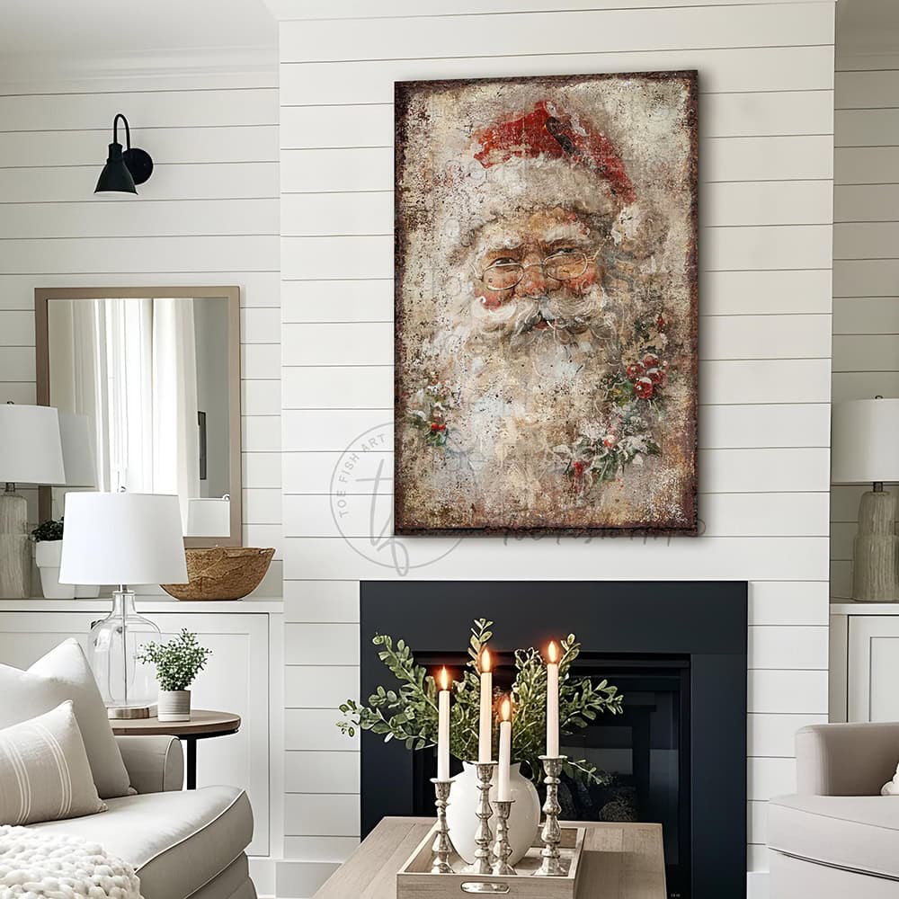 Elevate your holiday décor with this distinguished Vintage Santa Claus Face Wall Art by Toe Fish Art, a refined interpretation of timeless seasonal elegance. This sophisticated decoration showcases a meticulously rendered portrait of Saint Nicholas in authentic rustic antique style, artfully adorned with holly and mistletoe details. Available in durable canvas or outdoor metal, this artwork is an eye-catching focal point in any room—whether displayed indoors, on a covered porch, or in any outdoor setting.