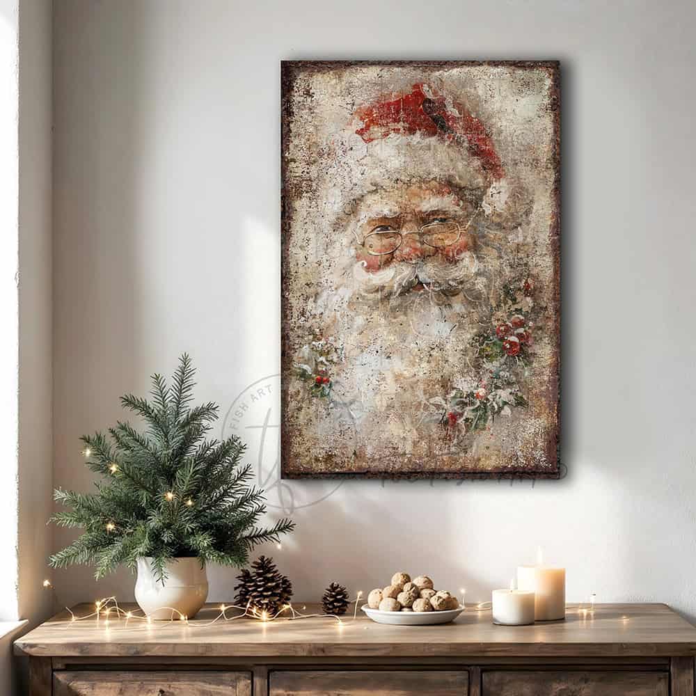 Elevate your holiday décor with this distinguished Vintage Santa Claus Face Wall Art by Toe Fish Art, a refined interpretation of timeless seasonal elegance. This sophisticated decoration showcases a meticulously rendered portrait of Saint Nicholas in authentic rustic antique style, artfully adorned with holly and mistletoe details. Available in durable canvas or outdoor metal, this artwork is an eye-catching focal point in any room—whether displayed indoors, on a covered porch, or in any outdoor setting.