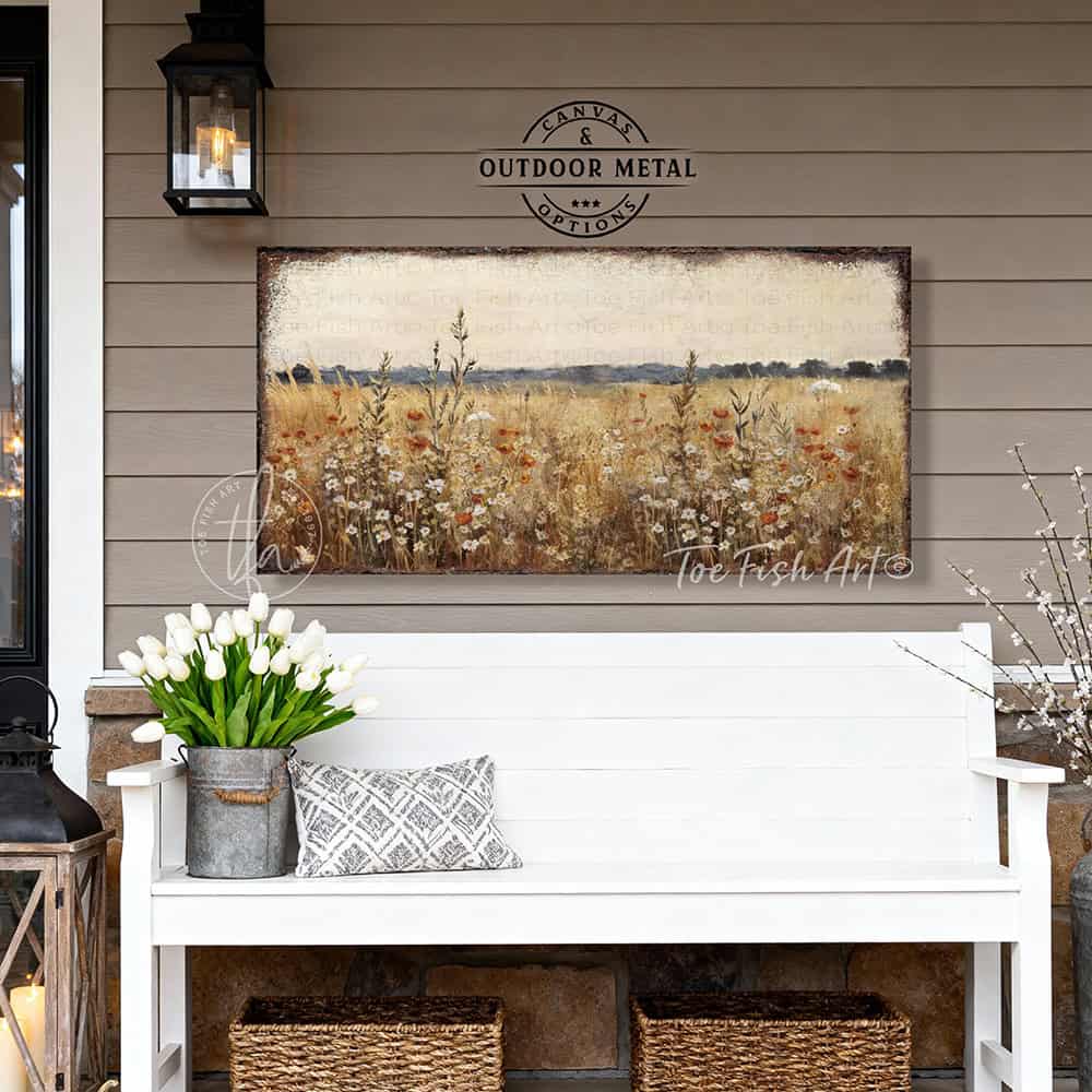 Say hello to spring with this delightful cottagecore wall art that brings wildflower meadows straight to your space. Bursting with vintage charm, this floral statement piece makes any room feel like a peaceful escape. Be surrounded by decor you LOVE! Choose between premium framed canvas or durable outdoor metal. Toe Fish Art makes artisan wall art with American materials. Proudly Made in the USA, each piece is expertly constructed with genuine craftsmanship, heritage quality, and rustic charm.