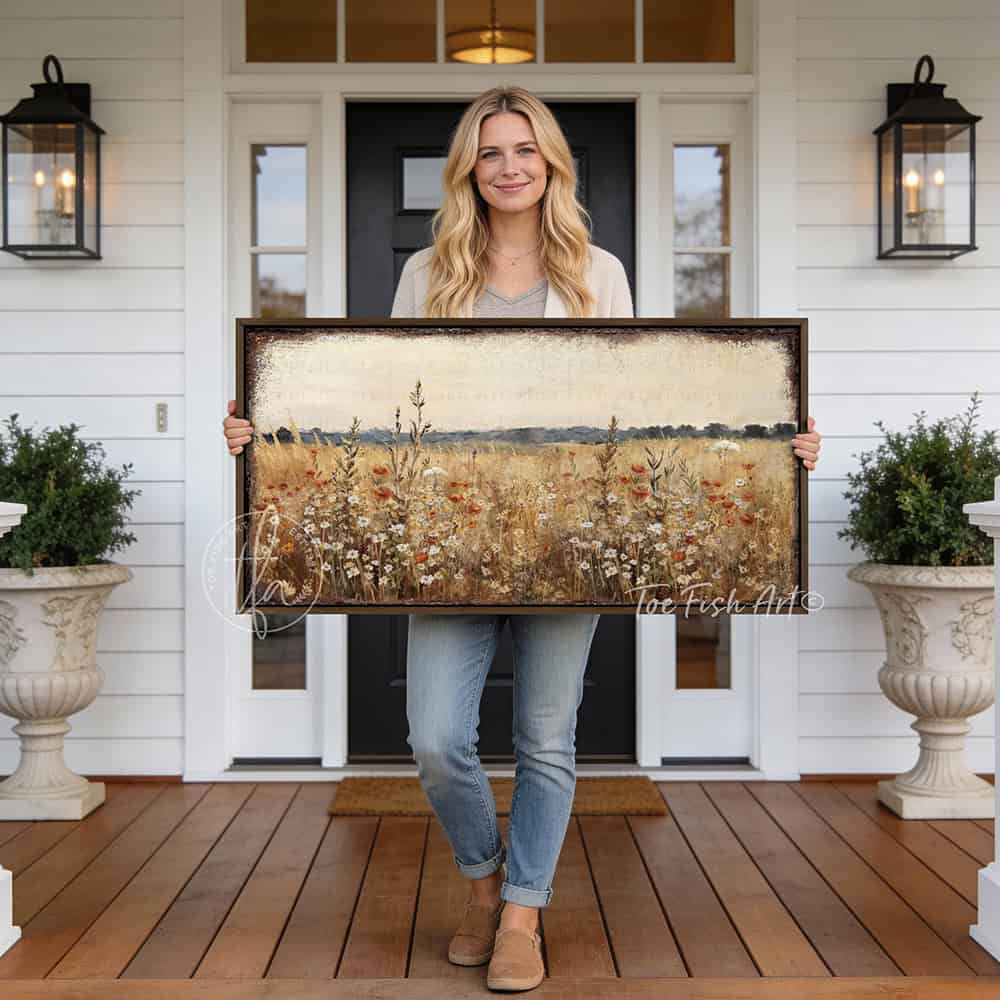 Say hello to spring with this delightful cottagecore wall art that brings wildflower meadows straight to your space. Bursting with vintage charm, this floral statement piece makes any room feel like a peaceful escape. Be surrounded by decor you LOVE! Choose between premium framed canvas or durable outdoor metal. Toe Fish Art makes artisan wall art with American materials. Proudly Made in the USA, each piece is expertly constructed with genuine craftsmanship, heritage quality, and rustic charm.