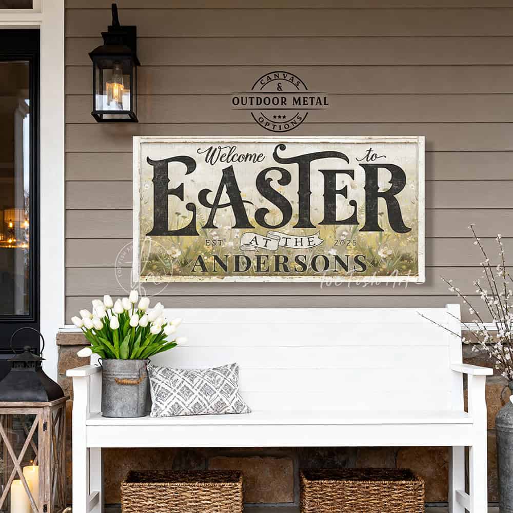 Hop into spring with this personalized Easter welcome sign by Toe Fish Art.—Made in sturdy outdoor metal or indoor framed canvas; either option brings vintage farmhouse charm! Featuring a cheerful spring meadow wildflower scene, this customized piece works magic on entryways, porches, and fireplace mantels. Toe Fish Art creates artisan-made wall décor using American sourced materials. Proudly Made in the USA, each sign is expertly constructed with genuine craftsmanship, heritage quality, and rustic charm.