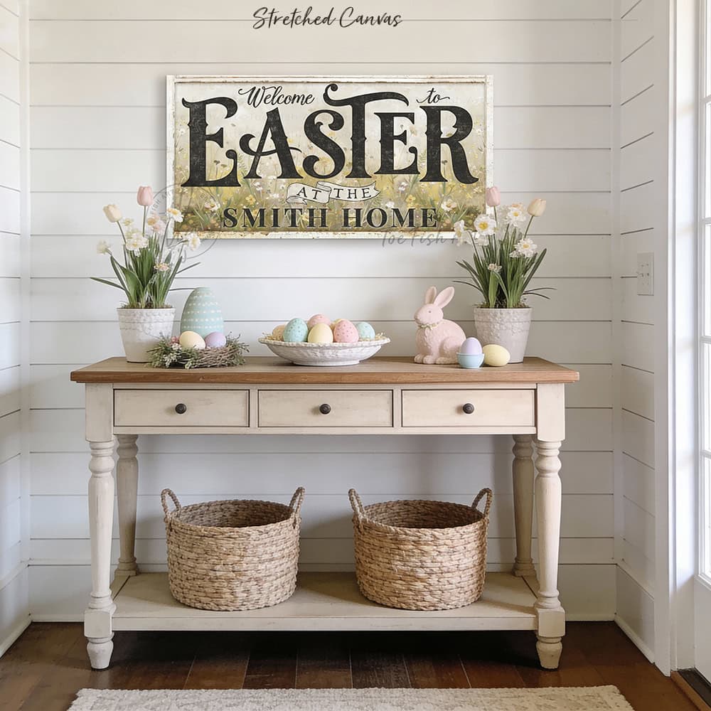 Hop into spring with this personalized Easter welcome sign by Toe Fish Art.—Made in sturdy outdoor metal or indoor framed canvas; either option brings vintage farmhouse charm! Featuring a cheerful spring meadow wildflower scene, this customized piece works magic on entryways, porches, and fireplace mantels. Toe Fish Art creates artisan-made wall décor using American sourced materials. Proudly Made in the USA, each sign is expertly constructed with genuine craftsmanship, heritage quality, and rustic charm.