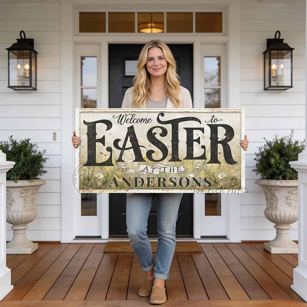 Hop into spring with this personalized Easter welcome sign by Toe Fish Art.—Made in sturdy outdoor metal or indoor framed canvas; either option brings vintage farmhouse charm! Featuring a cheerful spring meadow wildflower scene, this customized piece works magic on entryways, porches, and fireplace mantels. Toe Fish Art creates artisan-made wall décor using American sourced materials. Proudly Made in the USA, each sign is expertly constructed with genuine craftsmanship, heritage quality, and rustic charm.