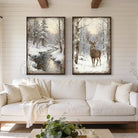 Elevate your space with this expertly curated 2-piece wall art collection by Toe Fish Art, displaying a whitetail buck deer amid snowy winter forest scenery alongside a serene woodland stream, in framed canvas or outdoor-grade metal. An investment in timeless, nature-inspired cottagecore home décor that resonates with cozy cabin lodge vibes. Toe Fish Art makes artisan wall décor with American materials. Proudly Made in the USA; expertly constructed; genuine craftsmanship, heritage quality, rustic charm.