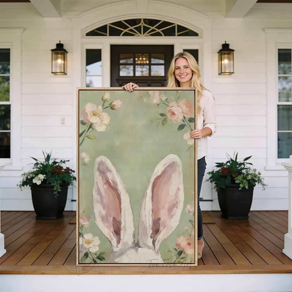 Hop into spring with this vintage floral bunny wall decor by Toe Fish Art! Using soft green and pink pastels, this cottagecore artwork brings a playful vibe with adorable bunny ears peeking up through flowers. Whether decorating a cozy bedroom, nursery, or Easter festivities and gifts, this framed piece brings instant charm. Toe Fish Art makes artisan wall décor using American sourced materials. Proudly Made in the USA and expertly constructed with genuine craftsmanship, heritage quality, and rustic charm.