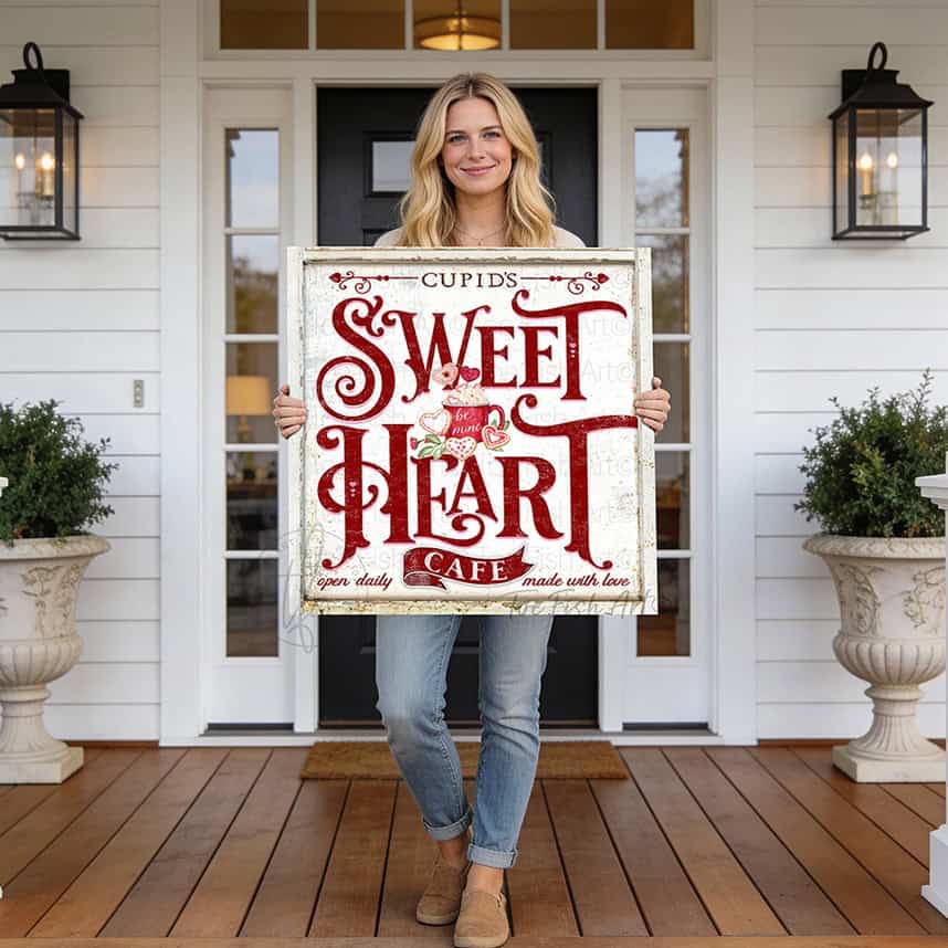 This Cupid's Sweetheart Cafe sign by Toe Fish Art displays vintage farmhouse design with curated nostalgic appeal. This wall art merges authentic retro aesthetics with cottage style wall decor. The romantic Valentine's Day motif transcends seasonal trends through timeless design. Toe Fish Art creates artisan-made wall décor using American sourced materials. Proudly Made in the USA, each sign is expertly constructed with genuine craftsmanship, heritage quality, and rustic charm.