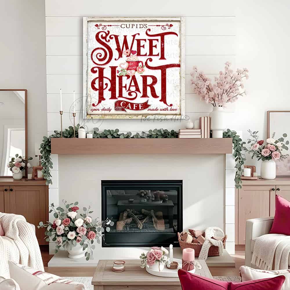 This Cupid's Sweetheart Cafe sign by Toe Fish Art displays vintage farmhouse design with curated nostalgic appeal. This wall art merges authentic retro aesthetics with cottage style wall decor. The romantic Valentine's Day motif transcends seasonal trends through timeless design. Toe Fish Art creates artisan-made wall décor using American sourced materials. Proudly Made in the USA, each sign is expertly constructed with genuine craftsmanship, heritage quality, and rustic charm.
