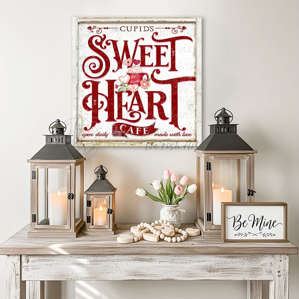This Cupid's Sweetheart Cafe sign by Toe Fish Art displays vintage farmhouse design with curated nostalgic appeal. This wall art merges authentic retro aesthetics with cottage style wall decor. The romantic Valentine's Day motif transcends seasonal trends through timeless design. Toe Fish Art creates artisan-made wall décor using American sourced materials. Proudly Made in the USA, each sign is expertly constructed with genuine craftsmanship, heritage quality, and rustic charm.