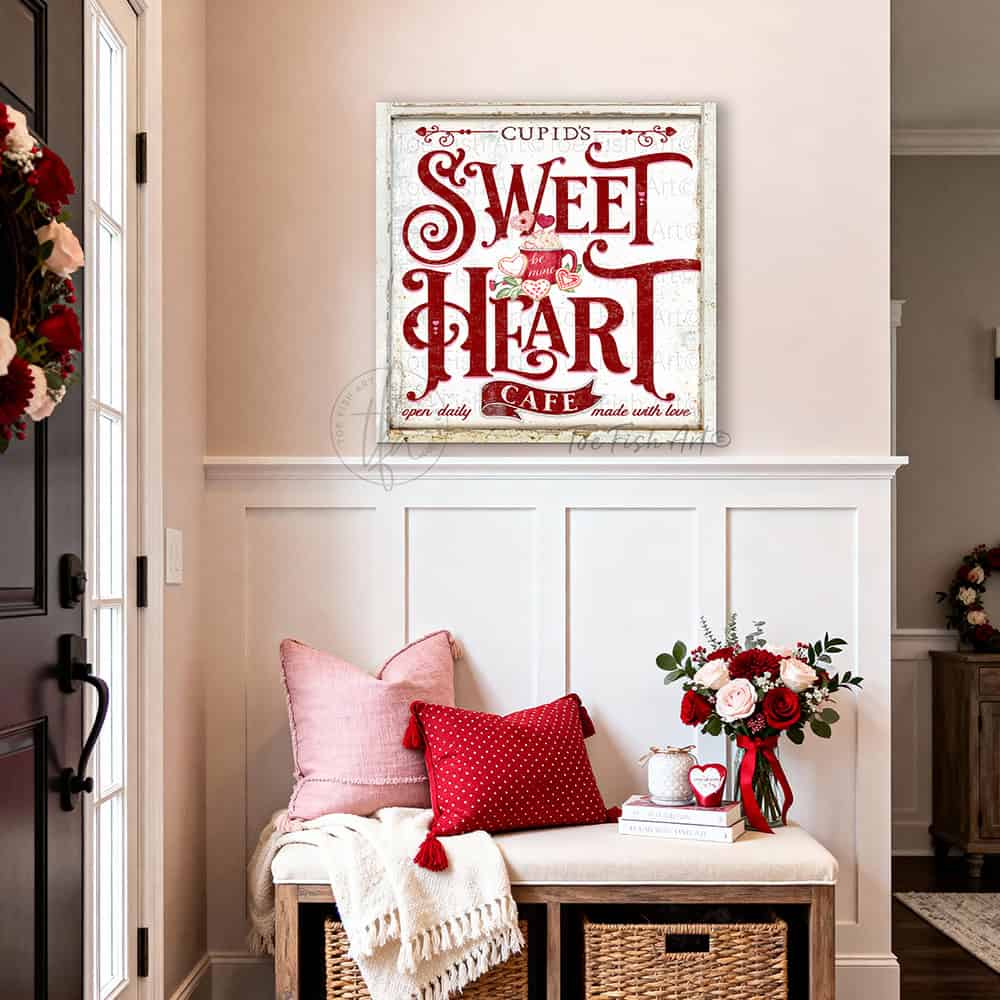 This Cupid's Sweetheart Cafe sign by Toe Fish Art displays vintage farmhouse design with curated nostalgic appeal. This wall art merges authentic retro aesthetics with cottage style wall decor. The romantic Valentine's Day motif transcends seasonal trends through timeless design. Toe Fish Art creates artisan-made wall décor using American sourced materials. Proudly Made in the USA, each sign is expertly constructed with genuine craftsmanship, heritage quality, and rustic charm.