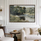 This framed landscape wall art decor by Toe Fish Art captures rural tranquility with a spring river meadow scene steeped in cottagecore tradition. The imagery balances nostalgic charm with sophisticated elegance. Available in framed canvas with choice of colors and numerous sizes to fit your space. Toe Fish Art creates artisan-made wall décor using American sourced materials. Proudly Made in the USA, each sign is expertly constructed with genuine craftsmanship, heritage quality, and rustic charm.