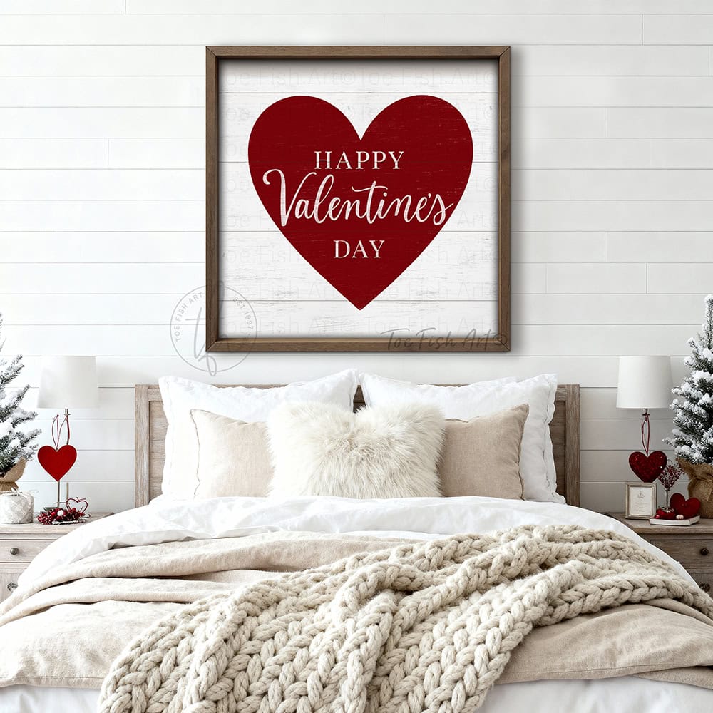 Elevate your home décor with this refined red and white Happy Valentine's Day sign, where vintage aesthetics meet contemporary design sensibility. Constructed from premium hardwood shiplap wood and finished with a natural walnut wood frame. Toe Fish Art creates quality, artisan-made wall décor with American sourced materials. Proudly Made in the USA, each sign is expertly constructed with genuine craftsmanship, heritage quality, and rustic charm.