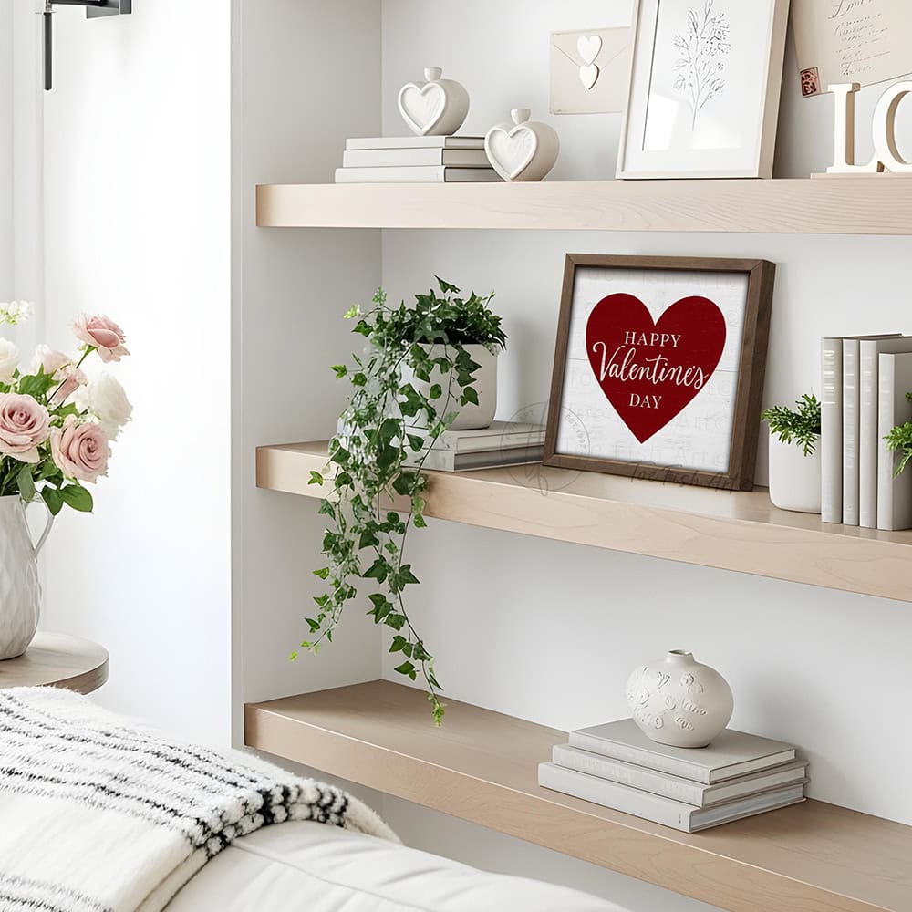 Elevate your home décor with this refined red and white Happy Valentine's Day sign, where vintage aesthetics meet contemporary design sensibility. Constructed from premium hardwood shiplap wood and finished with a natural walnut wood frame. Toe Fish Art creates quality, artisan-made wall décor with American sourced materials. Proudly Made in the USA, each sign is expertly constructed with genuine craftsmanship, heritage quality, and rustic charm.