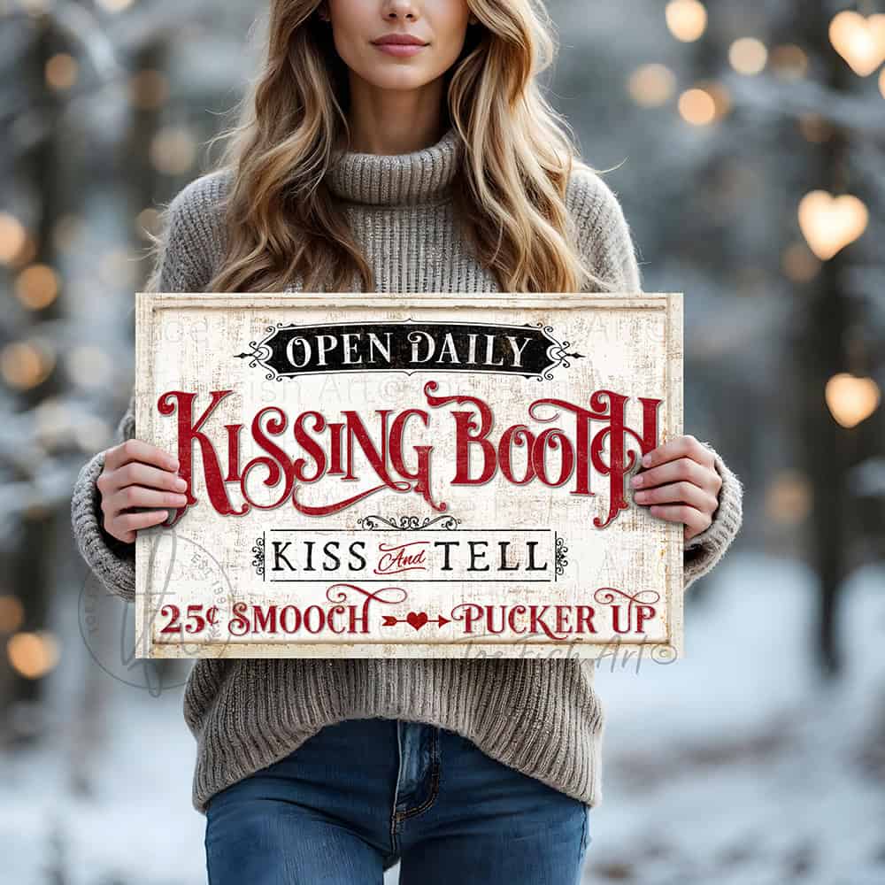 Bold, flirty, and unapologetically charming—Toe Fish Art's Kissing Booth "Kiss & Tell" sign dares to celebrate love with vintage flair. Make an entryway or bedroom statement with a piece that commands attention, whether you choose the classic canvas or the outdoor metal option. Toe Fish Art creates quality, artisan-made wall décor with American sourced materials. Proudly Made in the USA, each sign is expertly constructed with genuine craftsmanship, heritage quality, and rustic charm.