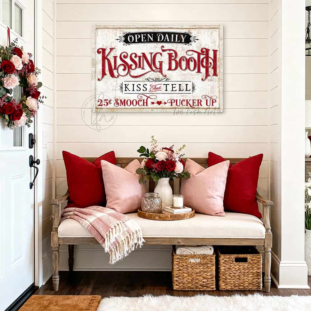 Bold, flirty, and unapologetically charming—Toe Fish Art's Kissing Booth "Kiss & Tell" sign dares to celebrate love with vintage flair. Make an entryway or bedroom statement with a piece that commands attention, whether you choose the classic canvas or the outdoor metal option. Toe Fish Art creates quality, artisan-made wall décor with American sourced materials. Proudly Made in the USA, each sign is expertly constructed with genuine craftsmanship, heritage quality, and rustic charm.