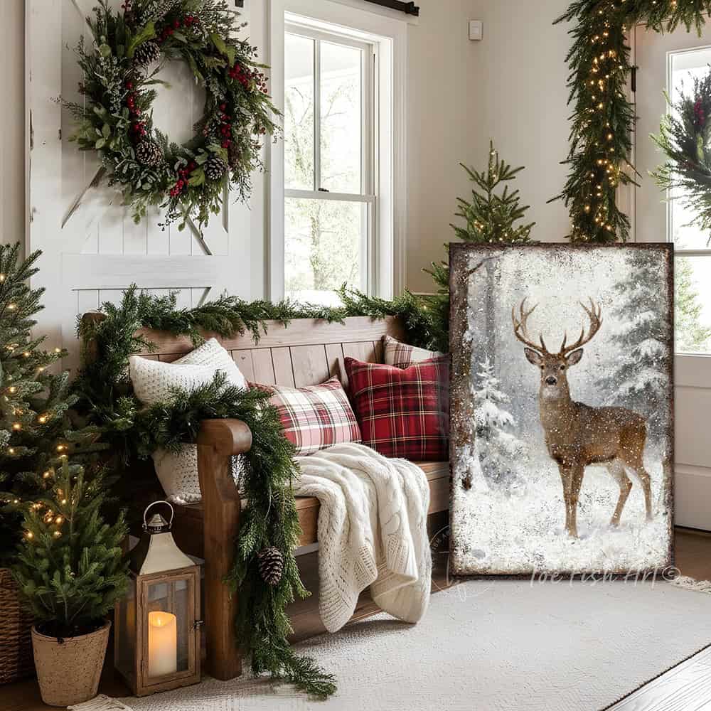 Transform your space into a sanctuary of natural beauty with this stunning whitetail buck wall art, handmade in the USA by Toe Fish Art in framed canvas or outdoor metal. The serene snowy forest setting creates a sense of calm sophistication, while the deer's powerful presence anchors any room. Toe Fish Art creates artisan-made wall décor with American sourced materials. Proudly Made in the USA, each sign is expertly constructed with genuine craftsmanship, heritage quality, and rustic charm.