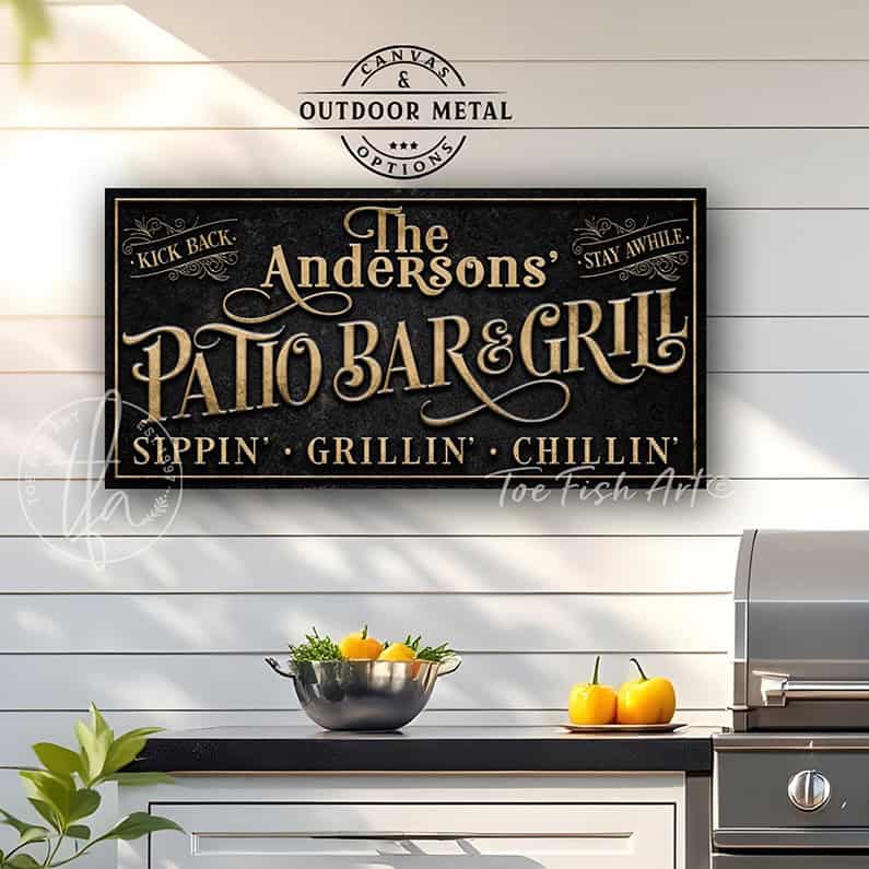 Welcome guests to your outdoor entertaining space with this personalized patio bar and grill sign by Toe Fish Art. Customize with your family name, clever welcome phrase, or business name to create distinctive decor for your deck, outdoor kitchen, or poolside bar. Available in outdoor metal or canvas. Toe Fish Art creates artisan-made wall décor using American sourced materials. Proudly Made in the USA, each sign is expertly constructed with genuine craftsmanship, heritage quality, and rustic charm.
