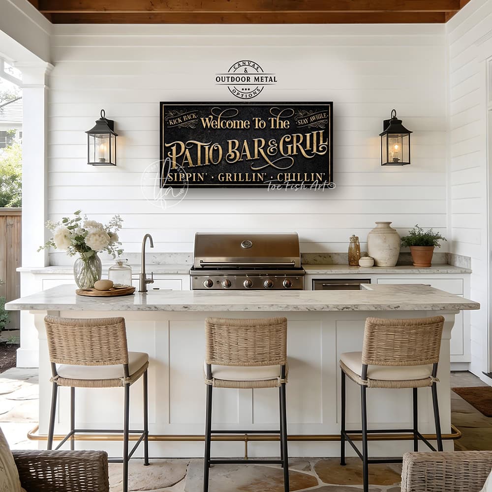Welcome guests to your outdoor entertaining space with this personalized patio bar and grill sign by Toe Fish Art. Customize with your family name, clever welcome phrase, or business name to create distinctive decor for your deck, outdoor kitchen, or poolside bar. Available in outdoor metal or canvas. Toe Fish Art creates artisan-made wall décor using American sourced materials. Proudly Made in the USA, each sign is expertly constructed with genuine craftsmanship, heritage quality, and rustic charm.