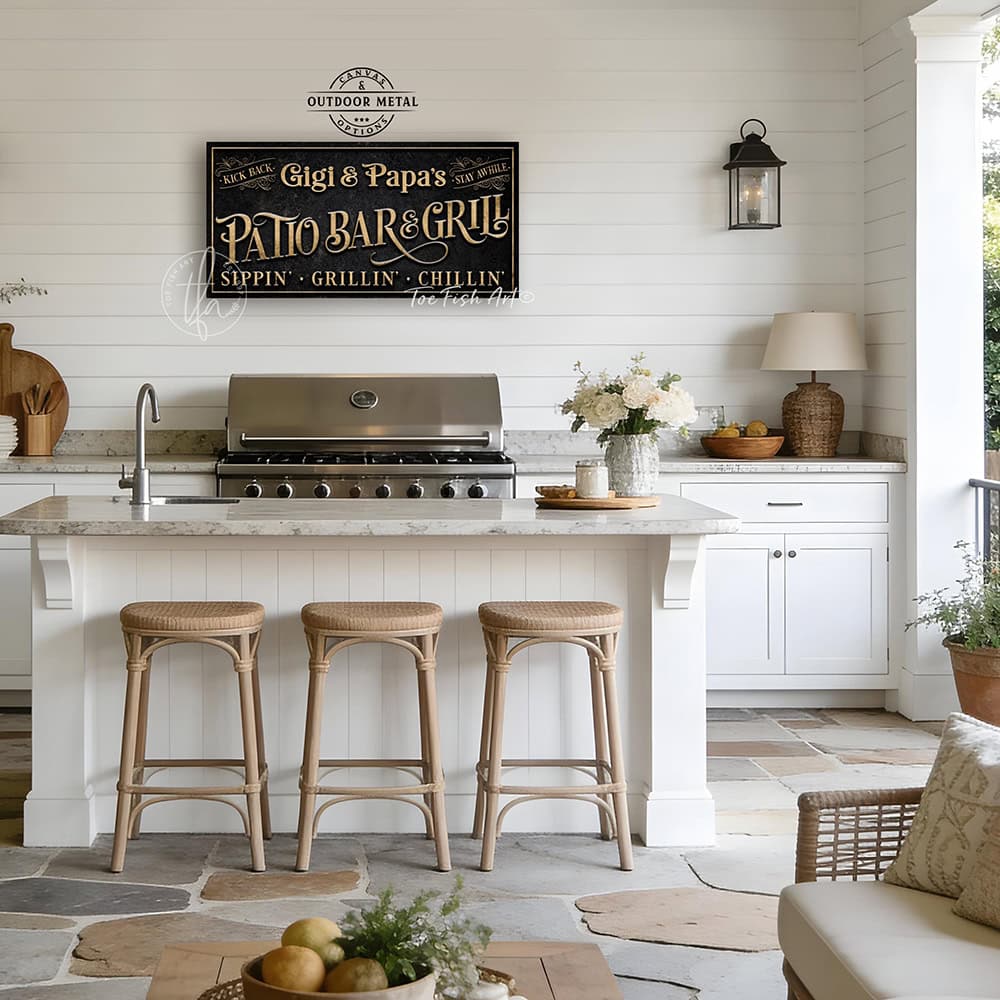 Welcome guests to your outdoor entertaining space with this personalized patio bar and grill sign by Toe Fish Art. Customize with your family name, clever welcome phrase, or business name to create distinctive decor for your deck, outdoor kitchen, or poolside bar. Available in outdoor metal or canvas. Toe Fish Art creates artisan-made wall décor using American sourced materials. Proudly Made in the USA, each sign is expertly constructed with genuine craftsmanship, heritage quality, and rustic charm.