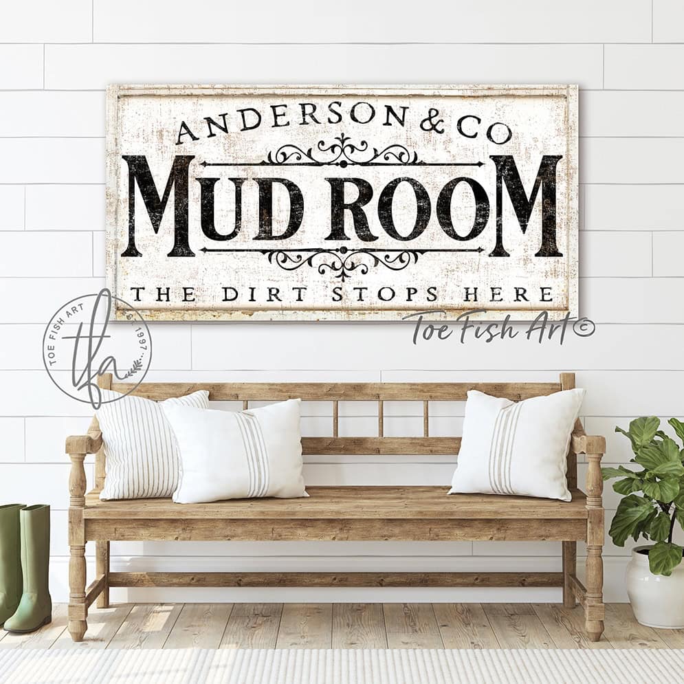Mud Room Personalized Name & Co. Sign, The Dirt Stops Here, Witty Modern Farmhouse Wall Art for Laundry Room Entryway Decor handmade by ToeFishArt. Original, custom, personalized wall decor signs. Canvas, Wood or Metal. Rustic modern farmhouse, cottagecore, vintage, retro, industrial, Americana, primitive, country, coastal, minimalist.