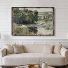 This landscape artwork by Toe Fish Art captures rural tranquility with a spring river meadow scene steeped in cottagecore tradition. The imagery balances nostalgic charm with sophisticated elegance. Available in framed canvas or weather-resistant outdoor metal in numerous sizes to fit your space. Toe Fish Art creates artisan-made wall décor using American sourced materials. Proudly Made in the USA, each sign is expertly constructed with genuine craftsmanship, heritage quality, and rustic charm.