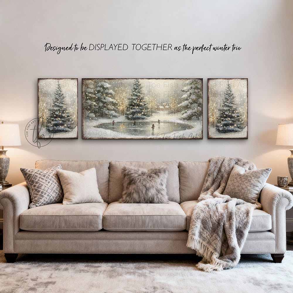 Transform your space into a winter wonderland with this enchanting vintage ice skating pond scene, complete with snowy lighted Christmas trees that evoke timeless holiday magic. Available in rich canvas or durable outdoor metal to showcase your festive spirit on porches and decks. Toe Fish Art creates quality, artisan-made wall décor with American sourced materials. Proudly Made in the USA, each sign is expertly constructed with genuine craftsmanship, heritage quality, and rustic charm.