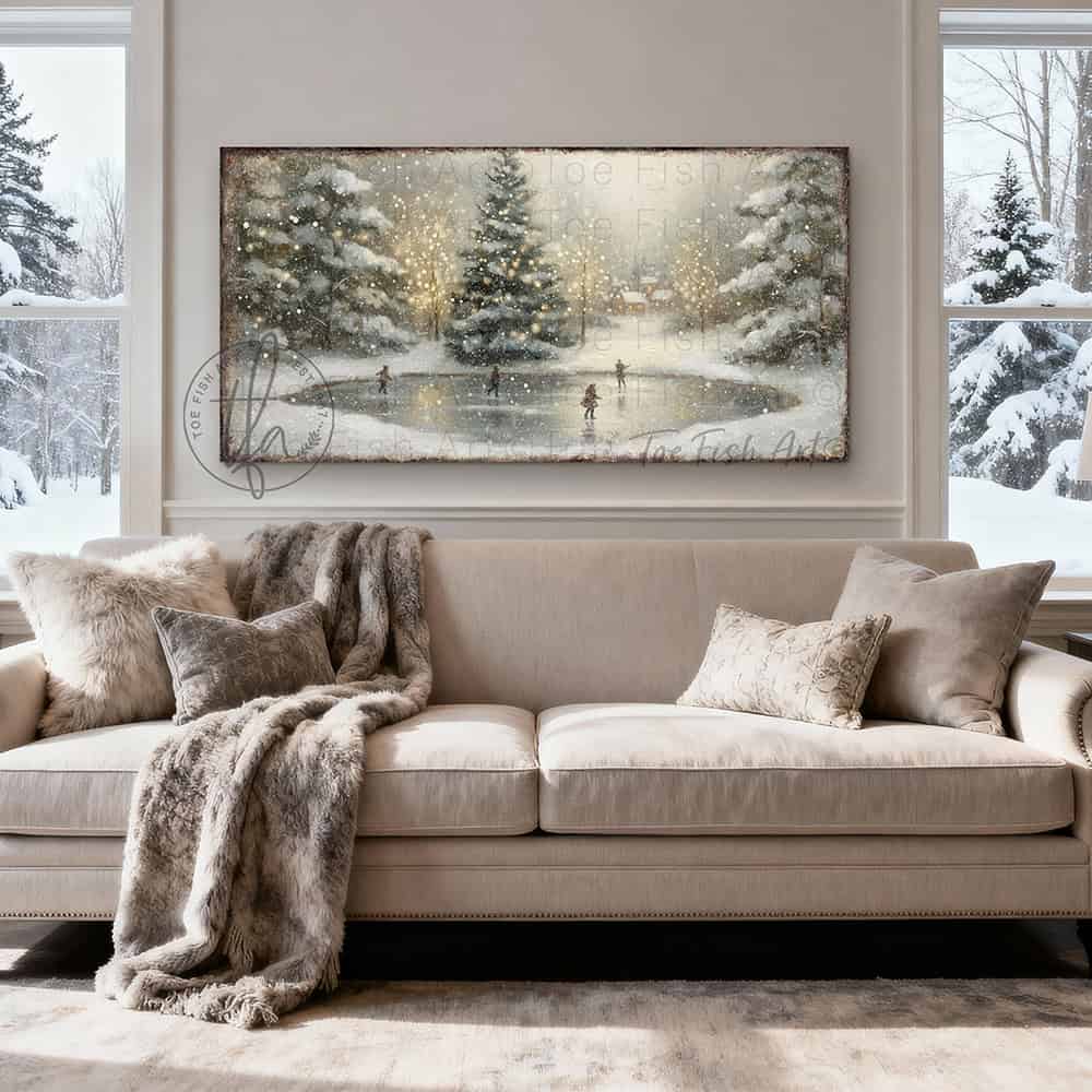 Transform your space into a winter wonderland with this enchanting vintage ice skating pond scene, complete with snowy lighted Christmas trees that evoke timeless holiday magic. Available in rich canvas or durable outdoor metal to showcase your festive spirit on porches and decks. Toe Fish Art creates quality, artisan-made wall décor with American sourced materials. Proudly Made in the USA, each sign is expertly constructed with genuine craftsmanship, heritage quality, and rustic charm.