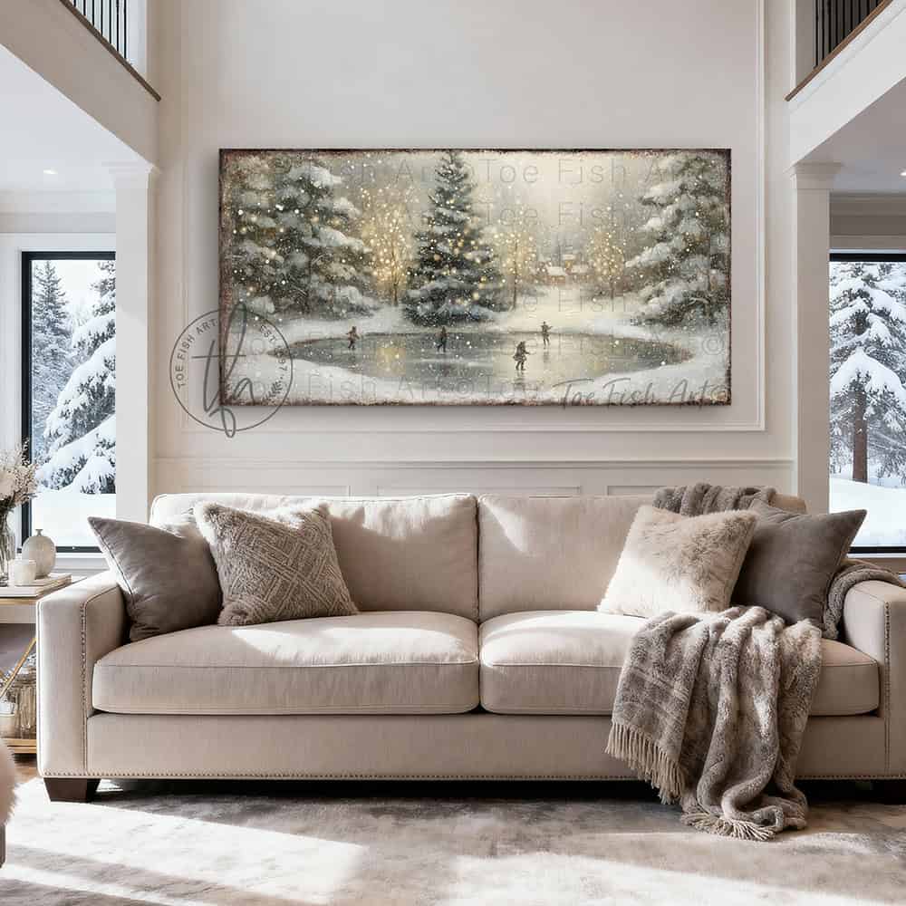 Transform your space into a winter wonderland with this enchanting vintage ice skating pond scene, complete with snowy lighted Christmas trees that evoke timeless holiday magic. Available in rich canvas or durable outdoor metal to showcase your festive spirit on porches and decks. Toe Fish Art creates quality, artisan-made wall décor with American sourced materials. Proudly Made in the USA, each sign is expertly constructed with genuine craftsmanship, heritage quality, and rustic charm.