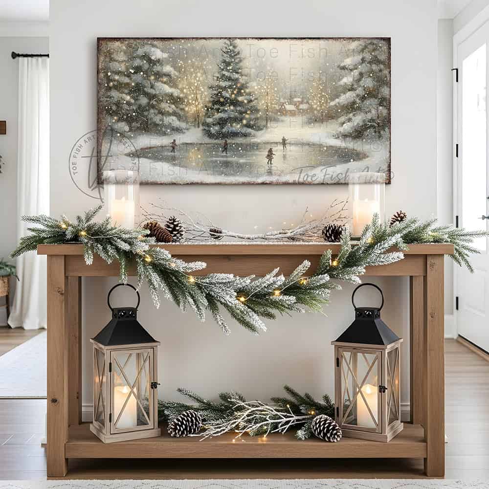 Transform your space into a winter wonderland with this enchanting vintage ice skating pond scene, complete with snowy lighted Christmas trees that evoke timeless holiday magic. Available in rich canvas or durable outdoor metal to showcase your festive spirit on porches and decks. Toe Fish Art creates quality, artisan-made wall décor with American sourced materials. Proudly Made in the USA, each sign is expertly constructed with genuine craftsmanship, heritage quality, and rustic charm.