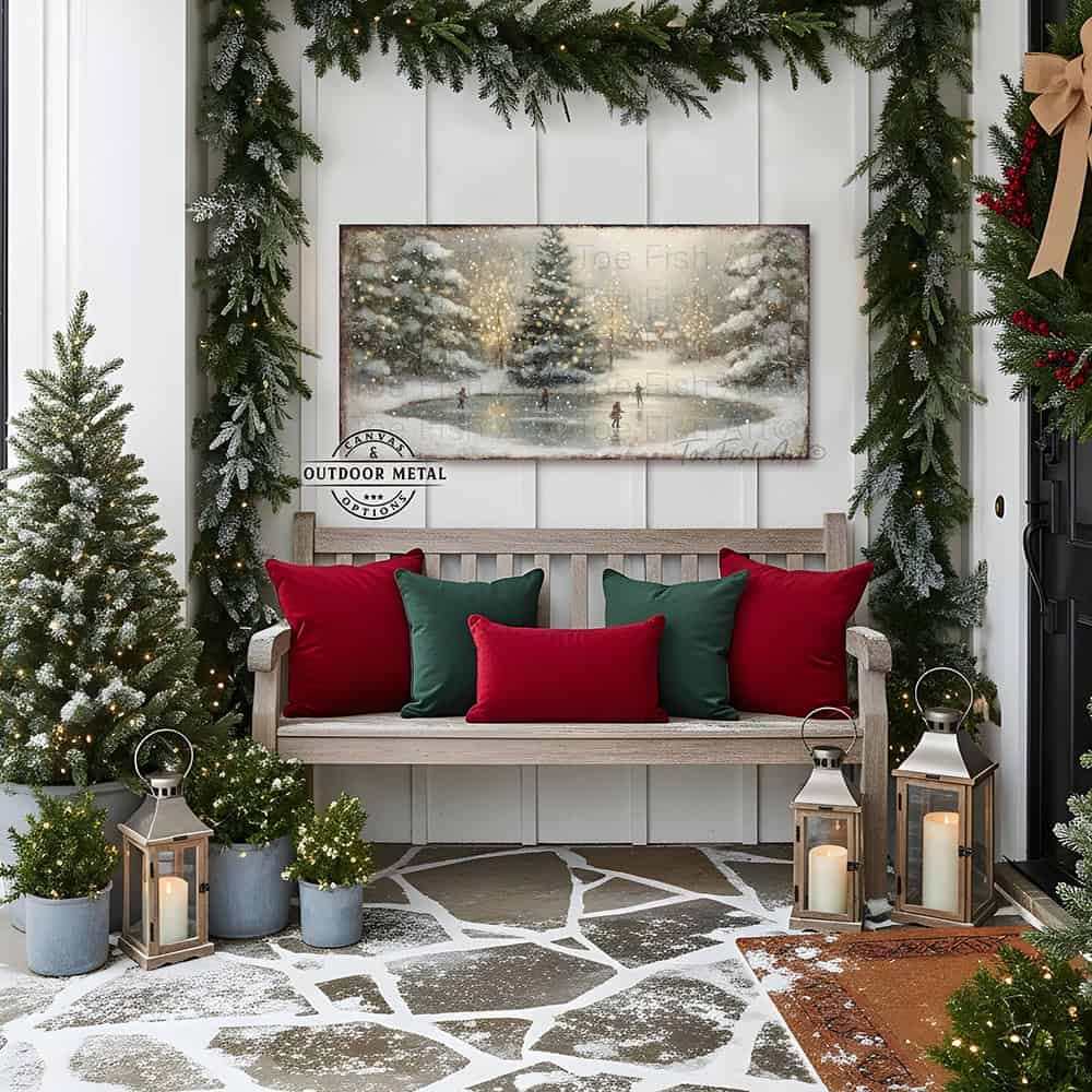 Transform your space into a winter wonderland with this enchanting vintage ice skating pond scene, complete with snowy lighted Christmas trees that evoke timeless holiday magic. Available in rich canvas or durable outdoor metal to showcase your festive spirit on porches and decks. Toe Fish Art creates quality, artisan-made wall décor with American sourced materials. Proudly Made in the USA, each sign is expertly constructed with genuine craftsmanship, heritage quality, and rustic charm.