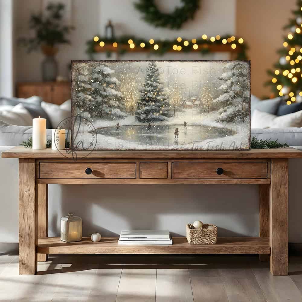 Transform your space into a winter wonderland with this enchanting vintage ice skating pond scene, complete with snowy lighted Christmas trees that evoke timeless holiday magic. Available in rich canvas or durable outdoor metal to showcase your festive spirit on porches and decks. Toe Fish Art creates quality, artisan-made wall décor with American sourced materials. Proudly Made in the USA, each sign is expertly constructed with genuine craftsmanship, heritage quality, and rustic charm.