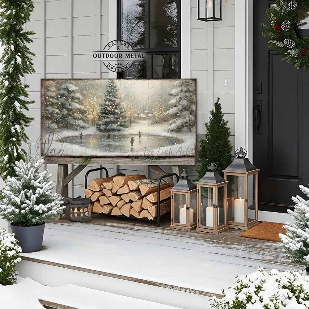 Transform your space into a winter wonderland with this enchanting vintage ice skating pond scene, complete with snowy lighted Christmas trees that evoke timeless holiday magic. Available in rich canvas or durable outdoor metal to showcase your festive spirit on porches and decks. Toe Fish Art creates quality, artisan-made wall décor with American sourced materials. Proudly Made in the USA, each sign is expertly constructed with genuine craftsmanship, heritage quality, and rustic charm.