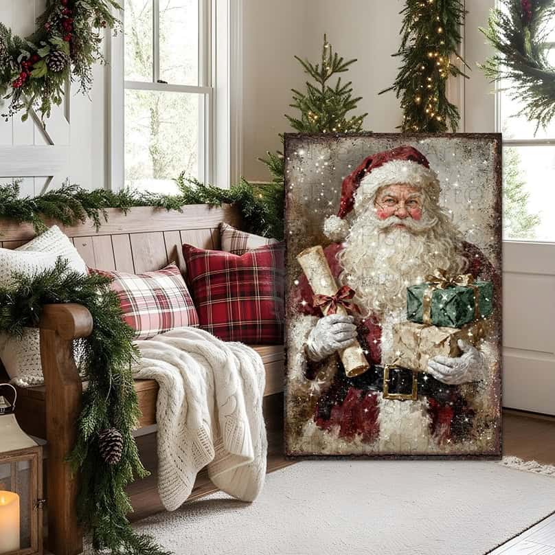 Step into Christmas past with this charming vintage Santa Claus wall art. Featuring a jolly St. Nick clutching his famous naughty-and-nice scroll and an armful of wrapped presents, this piece radiates nostalgic holiday spirit in rich, weathered tones. Select framed canvas for a cozy indoor focal point in entryways, living rooms, or above the mantel—or choose outdoor metal for a weather-tough farmhouse statement on your porch or patio. Either format brings authentic, timeless holiday cheer year after year.