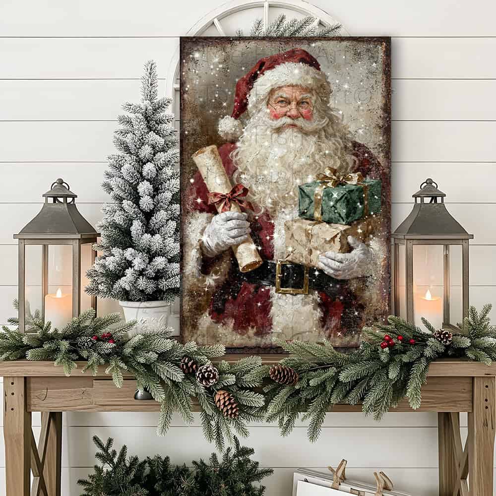 Step into Christmas past with this charming vintage Santa Claus wall art. Featuring a jolly St. Nick clutching his famous naughty-and-nice scroll and an armful of wrapped presents, this piece radiates nostalgic holiday spirit in rich, weathered tones. Select framed canvas for a cozy indoor focal point in entryways, living rooms, or above the mantel—or choose outdoor metal for a weather-tough farmhouse statement on your porch or patio. Either format brings authentic, timeless holiday cheer year after year.