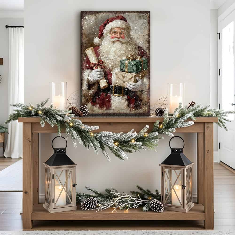Step into Christmas past with this charming vintage Santa Claus wall art. Featuring a jolly St. Nick clutching his famous naughty-and-nice scroll and an armful of wrapped presents, this piece radiates nostalgic holiday spirit in rich, weathered tones. Select framed canvas for a cozy indoor focal point in entryways, living rooms, or above the mantel—or choose outdoor metal for a weather-tough farmhouse statement on your porch or patio. Either format brings authentic, timeless holiday cheer year after year.