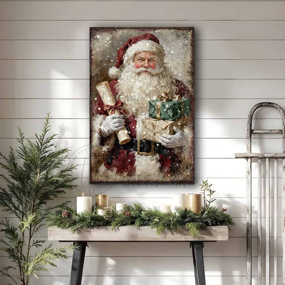 Step into Christmas past with this charming vintage Santa Claus wall art. Featuring a jolly St. Nick clutching his famous naughty-and-nice scroll and an armful of wrapped presents, this piece radiates nostalgic holiday spirit in rich, weathered tones. Select framed canvas for a cozy indoor focal point in entryways, living rooms, or above the mantel—or choose outdoor metal for a weather-tough farmhouse statement on your porch or patio. Either format brings authentic, timeless holiday cheer year after year.
