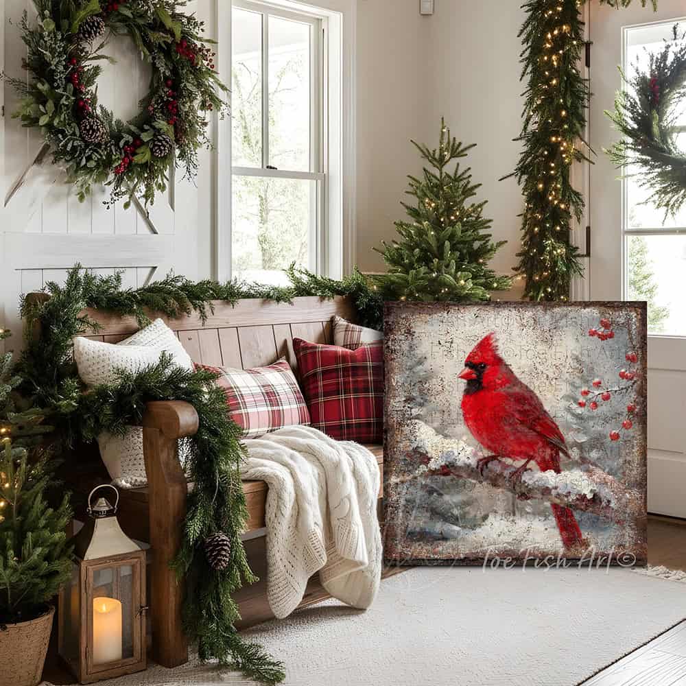 Color up your winter decor with our Vintage Cardinal Bird Wall Art, a stunning rustic cottage painting that captures the beauty of nature. Ideal for cozy cottages or modern farmhouse spaces, this artwork brings a festive spirit to any room during the winter months. Toe Fish Art creates quality, artisan-made wall décor with American sourced materials. Proudly Made in the USA, each sign is expertly constructed with genuine craftsmanship, heritage quality, and rustic charm.