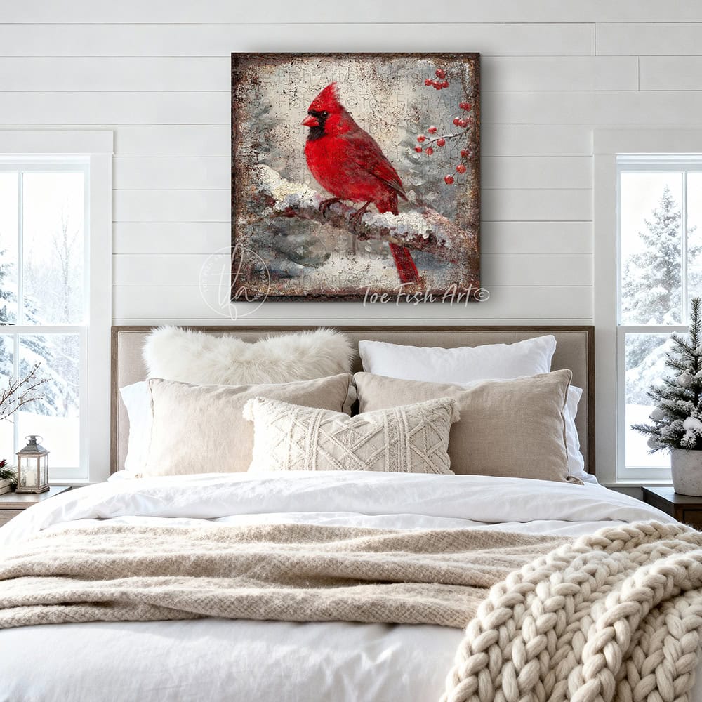 Color up your winter decor with our Vintage Cardinal Bird Wall Art, a stunning rustic cottage painting that captures the beauty of nature. Ideal for cozy cottages or modern farmhouse spaces, this artwork brings a festive spirit to any room during the winter months. Toe Fish Art creates quality, artisan-made wall décor with American sourced materials. Proudly Made in the USA, each sign is expertly constructed with genuine craftsmanship, heritage quality, and rustic charm.