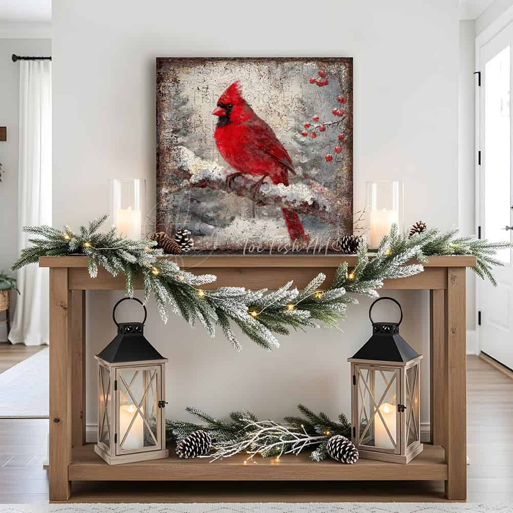 Color up your winter decor with our Vintage Cardinal Bird Wall Art, a stunning rustic cottage painting that captures the beauty of nature. Ideal for cozy cottages or modern farmhouse spaces, this artwork brings a festive spirit to any room during the winter months. Toe Fish Art creates quality, artisan-made wall décor with American sourced materials. Proudly Made in the USA, each sign is expertly constructed with genuine craftsmanship, heritage quality, and rustic charm.