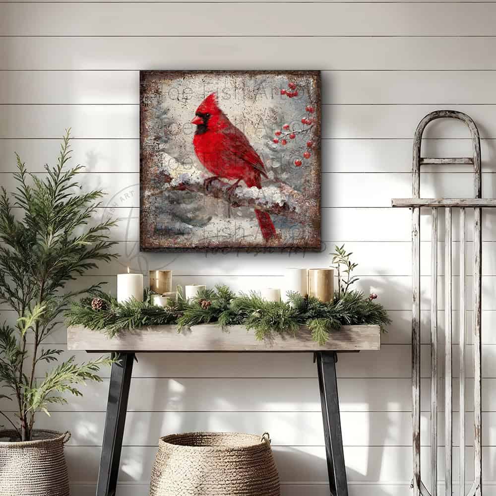 Color up your winter decor with our Vintage Cardinal Bird Wall Art, a stunning rustic cottage painting that captures the beauty of nature. Ideal for cozy cottages or modern farmhouse spaces, this artwork brings a festive spirit to any room during the winter months. Toe Fish Art creates quality, artisan-made wall décor with American sourced materials. Proudly Made in the USA, each sign is expertly constructed with genuine craftsmanship, heritage quality, and rustic charm.